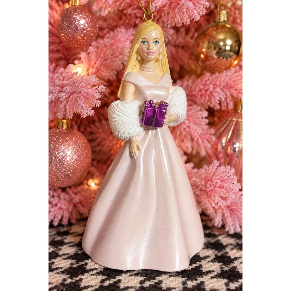 Mattel Barbie Christmas Ornament Pink Pearl Gown White Fur Purple Gift HTF VTG